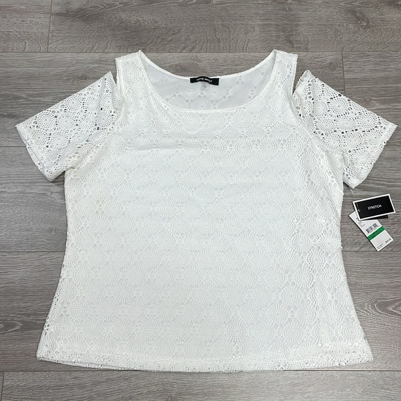 NWT Nine West Short Sleeve Cold Shoulder Crochet Lace Blouse L - Picture 6 of 15